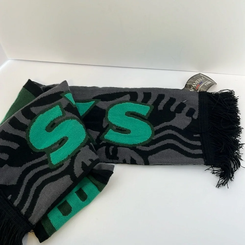 NWT Starbucks Gray, Green & Black Reversible Knit Fringed Scarf Mermaid Unisex